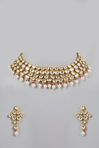 Gold Plated Pearl & Kundan Polki Necklace Set