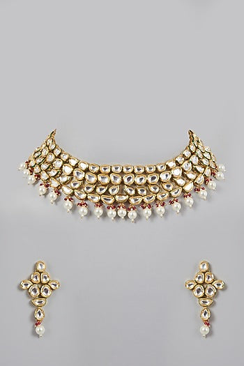 Gold Plated Pearl & Kundan Polki Necklace Set