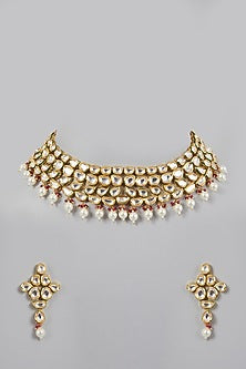 Gold Plated Pearl & Kundan Polki Necklace Set