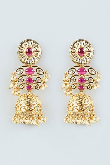 Gold Plated Ruby Stone Jhumka Earrings