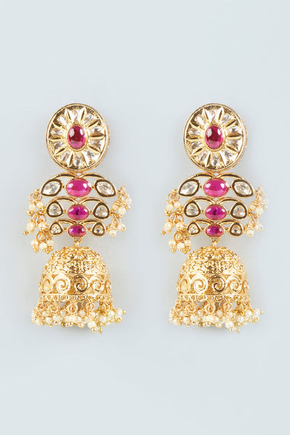 Gold Plated Ruby Stone Jhumka Earrings