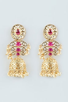 Gold Plated Ruby Stone Jhumka Earrings