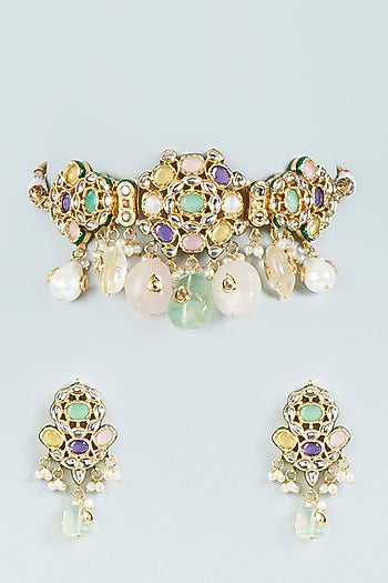 Gold Plated Multi-Colored Natural Stone Choker Necklace Set