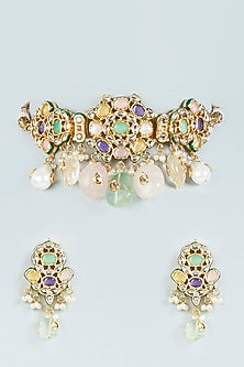 Gold Plated Multi-Colored Natural Stone Choker Necklace Set