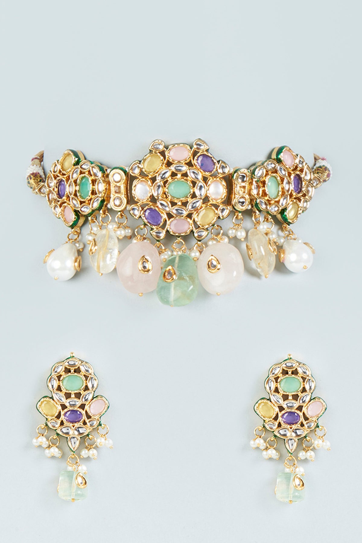 Gold Plated Multi-Colored Natural Stone Choker Necklace Set