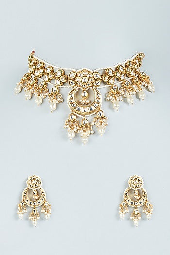 Gold Plated Kundan Polki & Pearl Choker Necklace Set