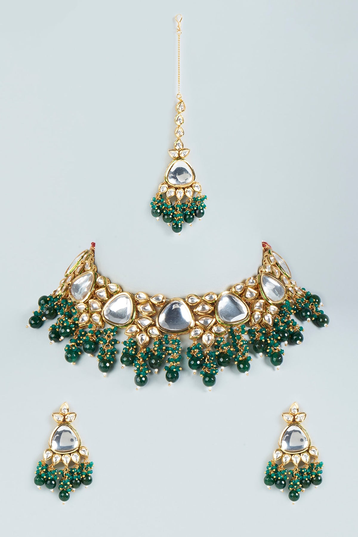 Gold Plated Kundan Polki & Green Beaded Choker Necklace Set