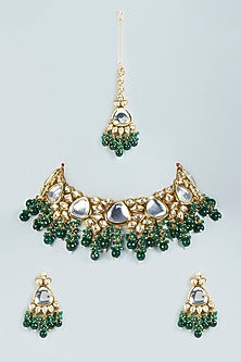 Gold Plated Kundan Polki & Green Beaded Choker Necklace Set