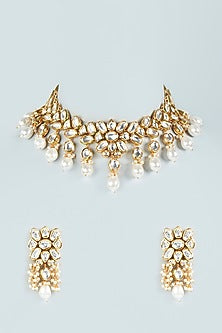 Gold Plated Kundan Polki & Pearl Choker Necklace Set