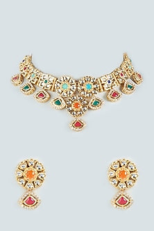 Gold Plated Multi-Colored Synthetic Stone Choker Necklace Set