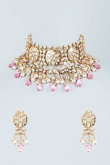 Rose Gold Plated Pink Stone & Pearl Choker Necklace Set