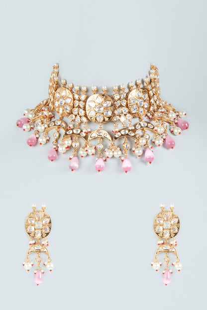 Rose Gold Plated Pink Stone & Pearl Choker Necklace Set