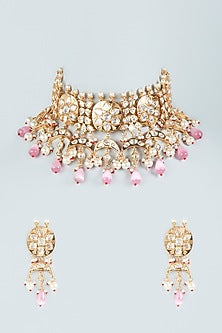 Rose Gold Plated Pink Stone & Pearl Choker Necklace Set