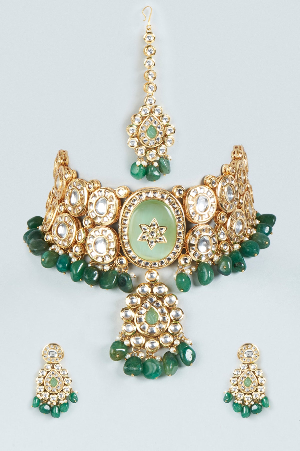 Gold Plated Green Jade Stone Choker Necklace Set