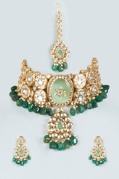 Gold Plated Green Jade Stone Choker Necklace Set