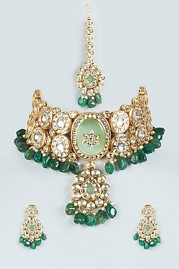 Gold Plated Green Jade Stone Choker Necklace Set