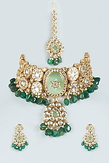 Gold Plated Green Jade Stone Choker Necklace Set