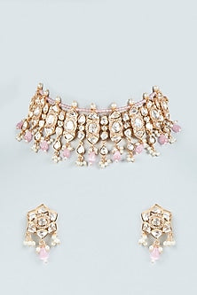 Gold Plated Pearl & Pink Stone Choker Necklace Set