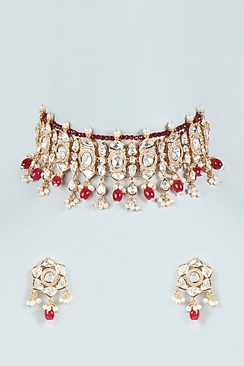 Gold Plated Ruby Stone & Pearl Choker Necklace Set