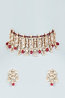 Gold Plated Ruby Stone & Pearl Choker Necklace Set