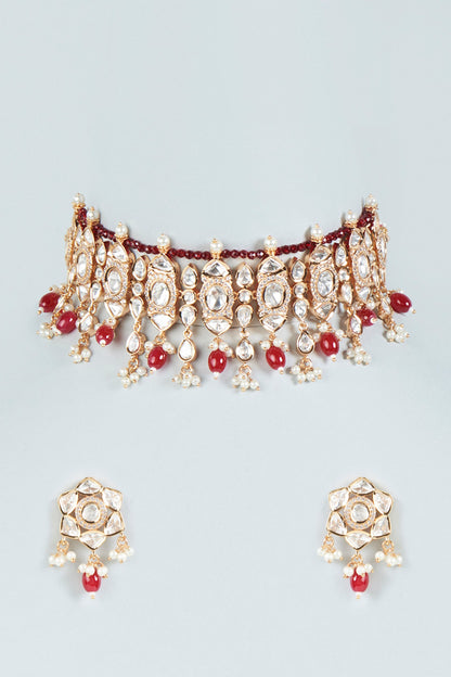Gold Plated Ruby Stone & Pearl Choker Necklace Set