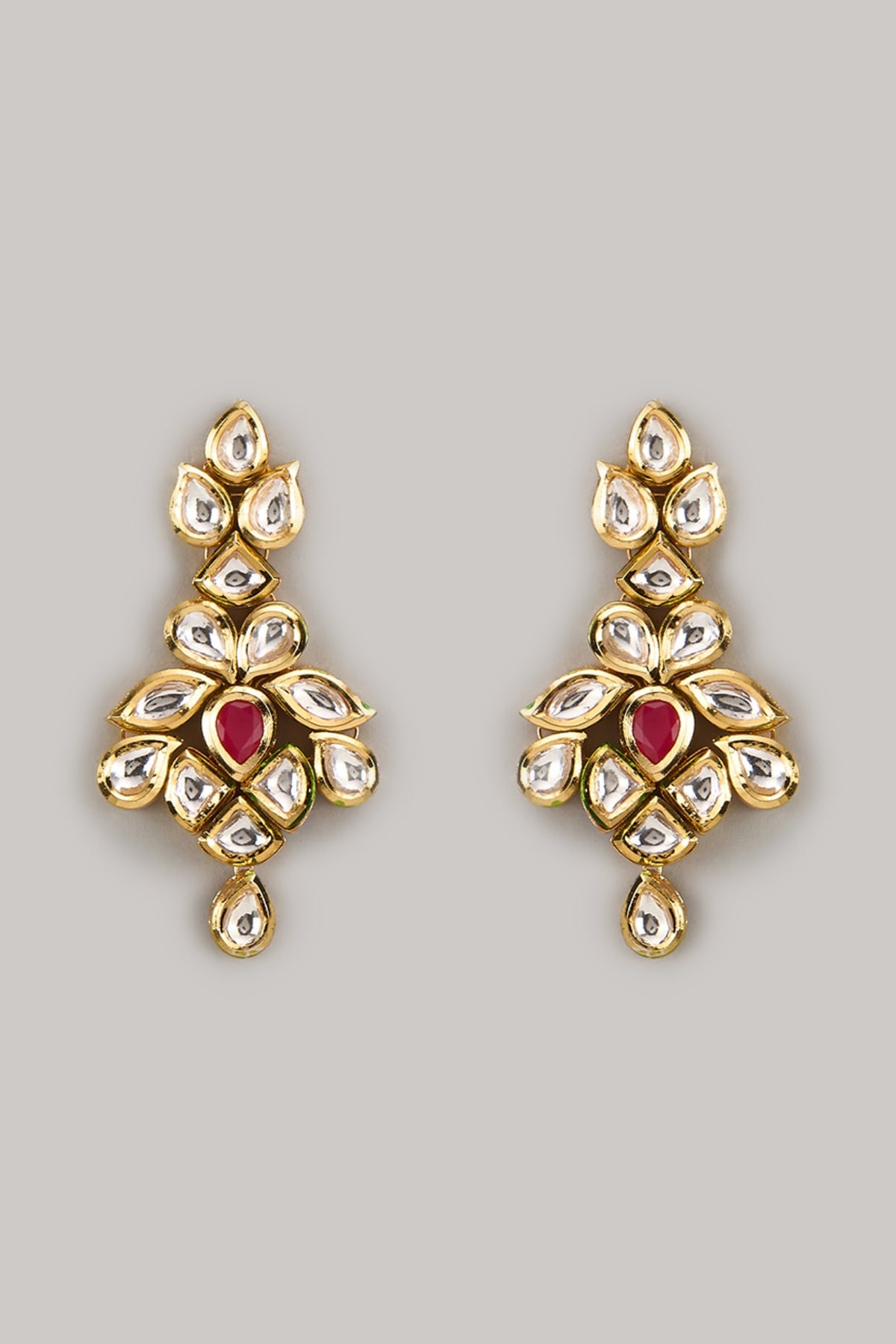 Gold Plated Kundan Polki & Ruby Stone Dangler Earrings