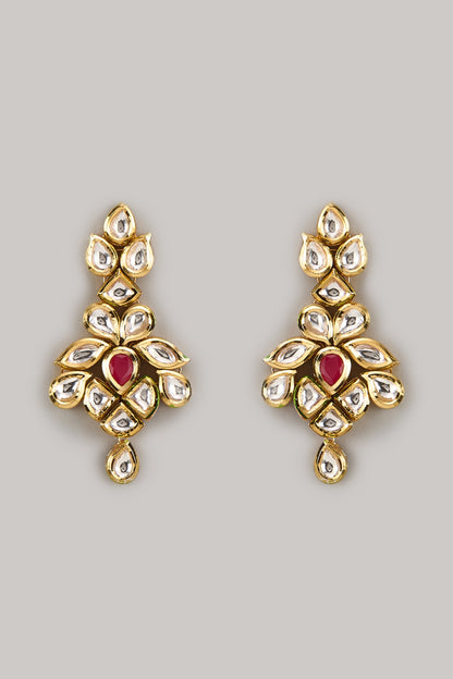 Gold Plated Kundan Polki & Ruby Stone Dangler Earrings
