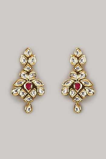 Gold Plated Kundan Polki & Ruby Stone Dangler Earrings