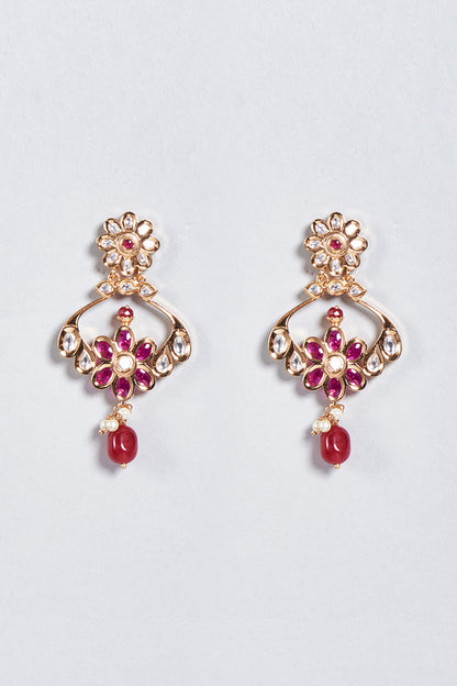 Gold Finish Dangler Earrings With Red Stones