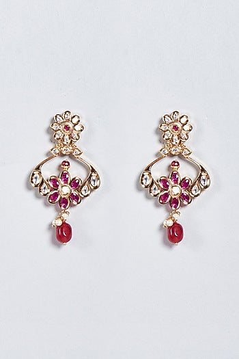 Gold Finish Dangler Earrings With Red Stones