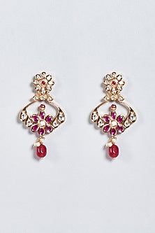 Gold Finish Dangler Earrings With Red Stones