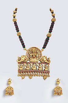 Dull Gold Finish Lakshmi Pendant Necklace Set