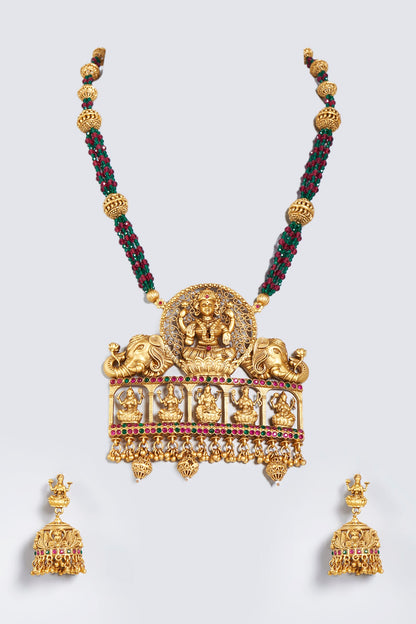 Dull Gold Finish Lakshmi Pendant Necklace Set