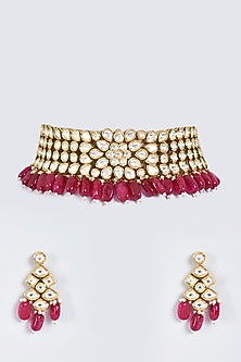 Gold Finish Ruby Choker Necklace Set
