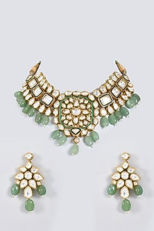 Gold Plated Choker Necklace Set With Beads
