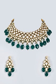 Gold Plated Necklace Set With Green Beads