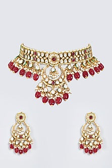 Gold Plated Necklace Set With Red Beads