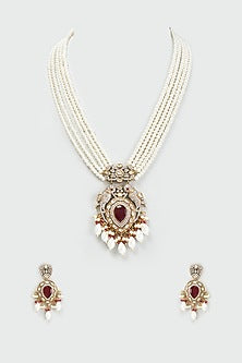 Two-Tone Finish Pearl & Ruby Stone Long Necklace Set