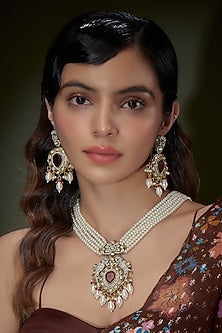 Two-Tone Finish Pearl & Ruby Stone Long Necklace Set