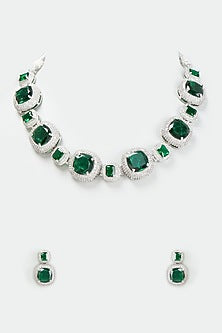 White Gold Finish Emerald Stone Necklace Set