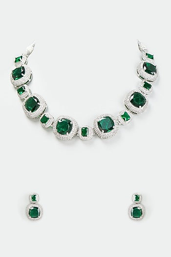 White Gold Finish Emerald Stone Necklace Set