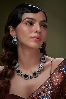 White Gold Finish Emerald Stone Necklace Set