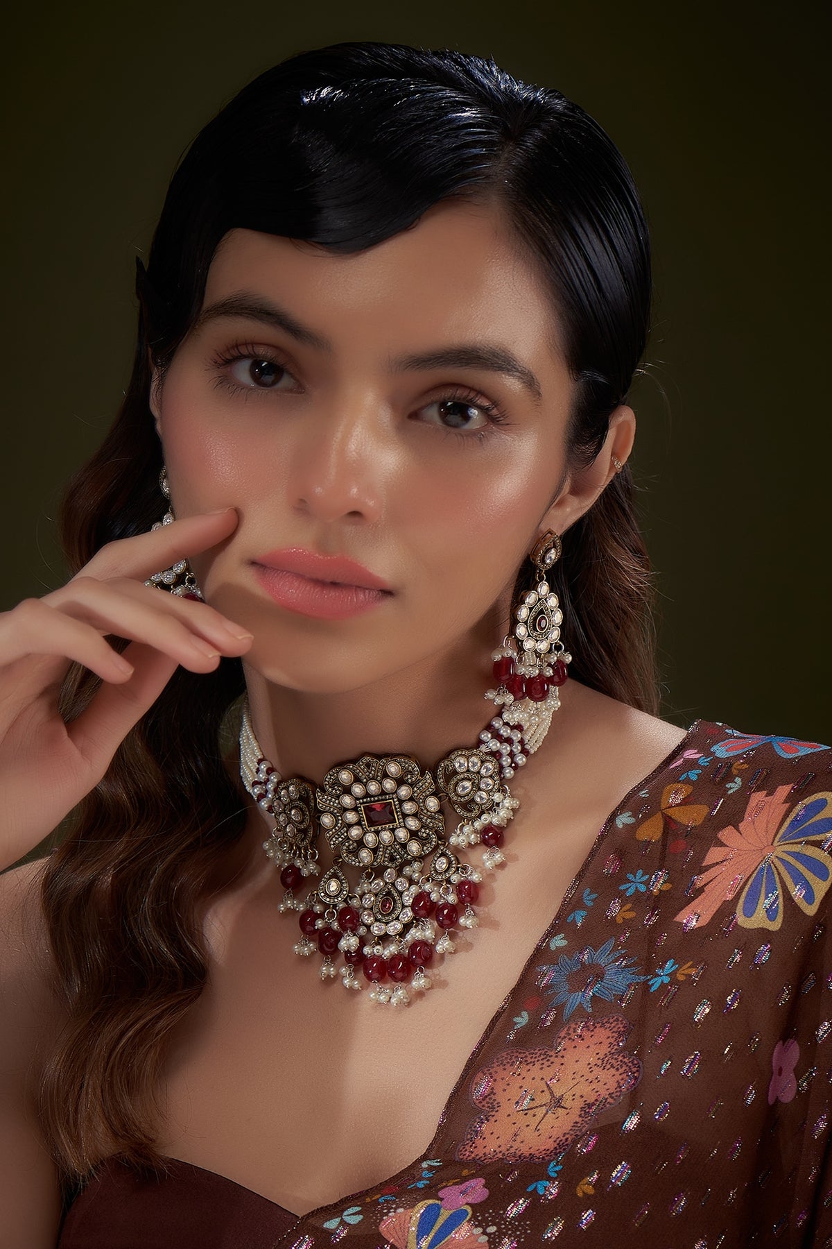 Two-Tone Finish Pearl & Ruby Stone Choker Necklace Set