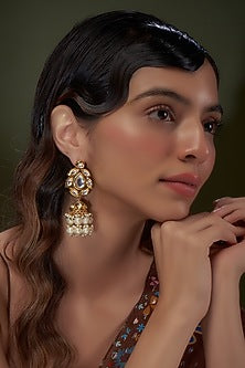 Gold Plated Kundan Polki & Pearl Dangler Earrings