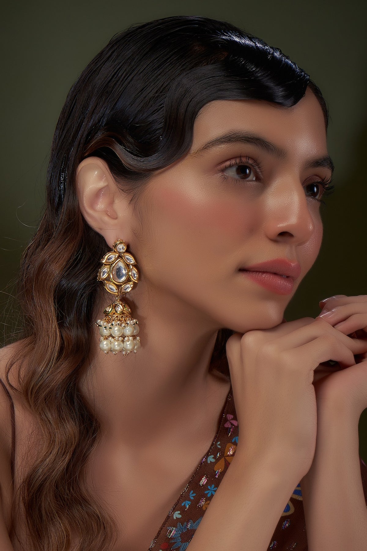 Gold Plated Kundan Polki & Pearl Dangler Earrings