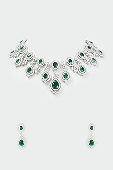 White Gold Finish Emerald Stone Necklace Set