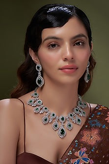 White Gold Finish Emerald Stone Necklace Set