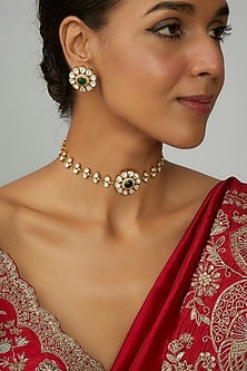 Gold Plated Kundan Polki & Emerald Stone Choker Necklace Set
