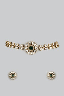 Gold Plated Kundan Polki & Emerald Stone Choker Necklace Set