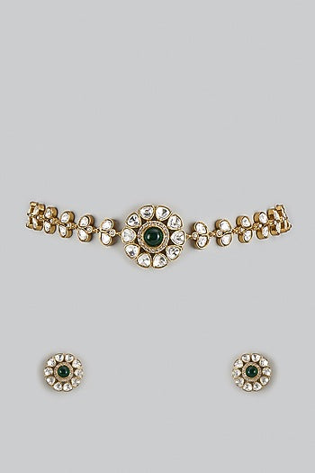 Gold Plated Kundan Polki & Emerald Stone Choker Necklace Set